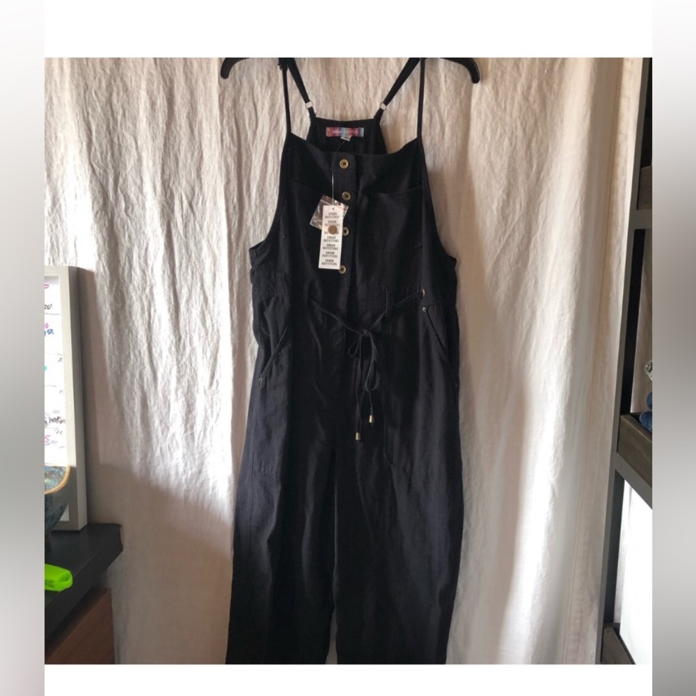 NWOT Urban Outfitters black cotton overalls wide leg roomy fit tie waist M